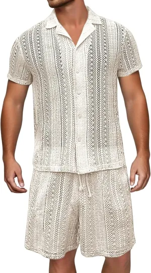 Mens Track Suits 2 Piece Outfits Summer Short Sleeve Casual Button Down Shirts & Shorts Set Breathable Beach Tracksuits