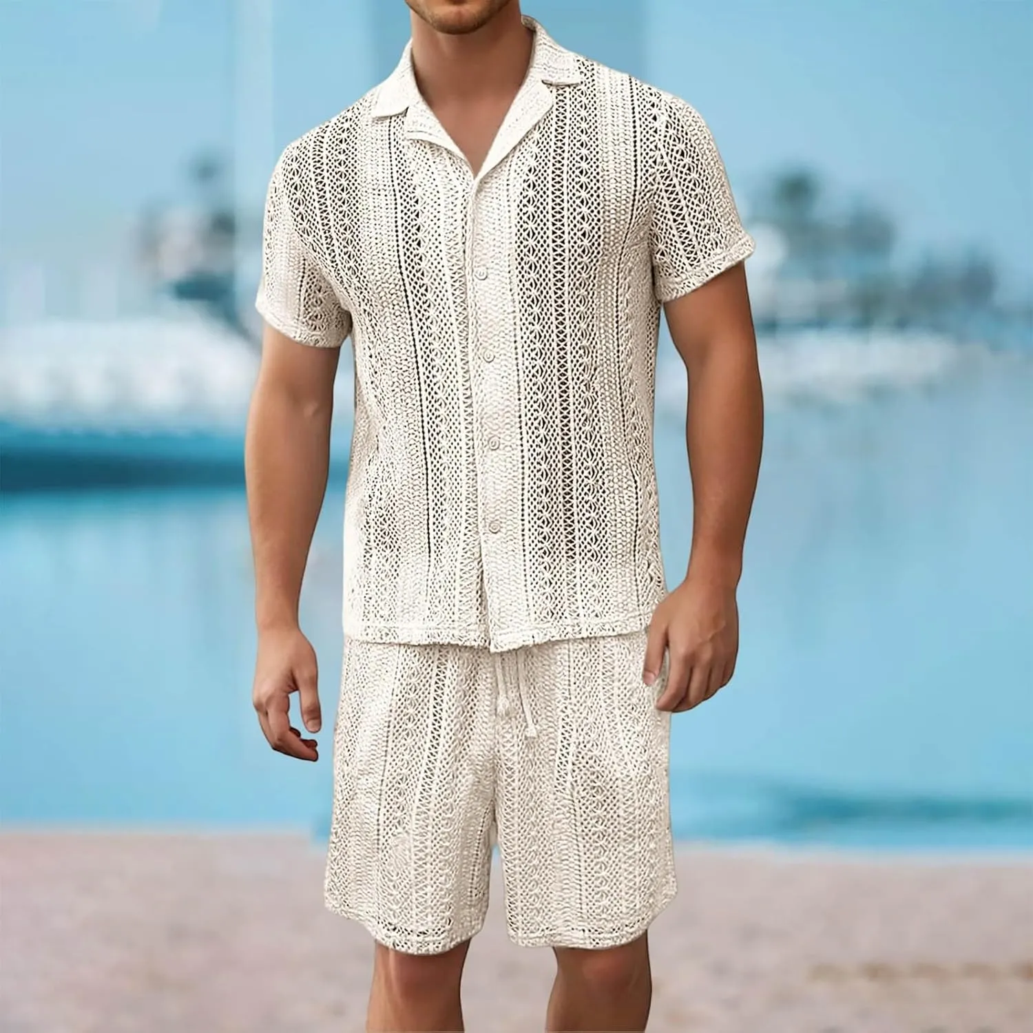 Mens Track Suits 2 Piece Outfits Summer Short Sleeve Casual Button Down Shirts & Shorts Set Breathable Beach Tracksuits