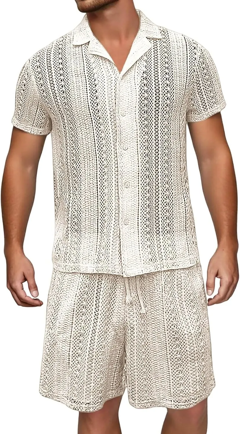 Mens Track Suits 2 Piece Outfits Summer Short Sleeve Casual Button Down Shirts & Shorts Set Breathable Beach Tracksuits
