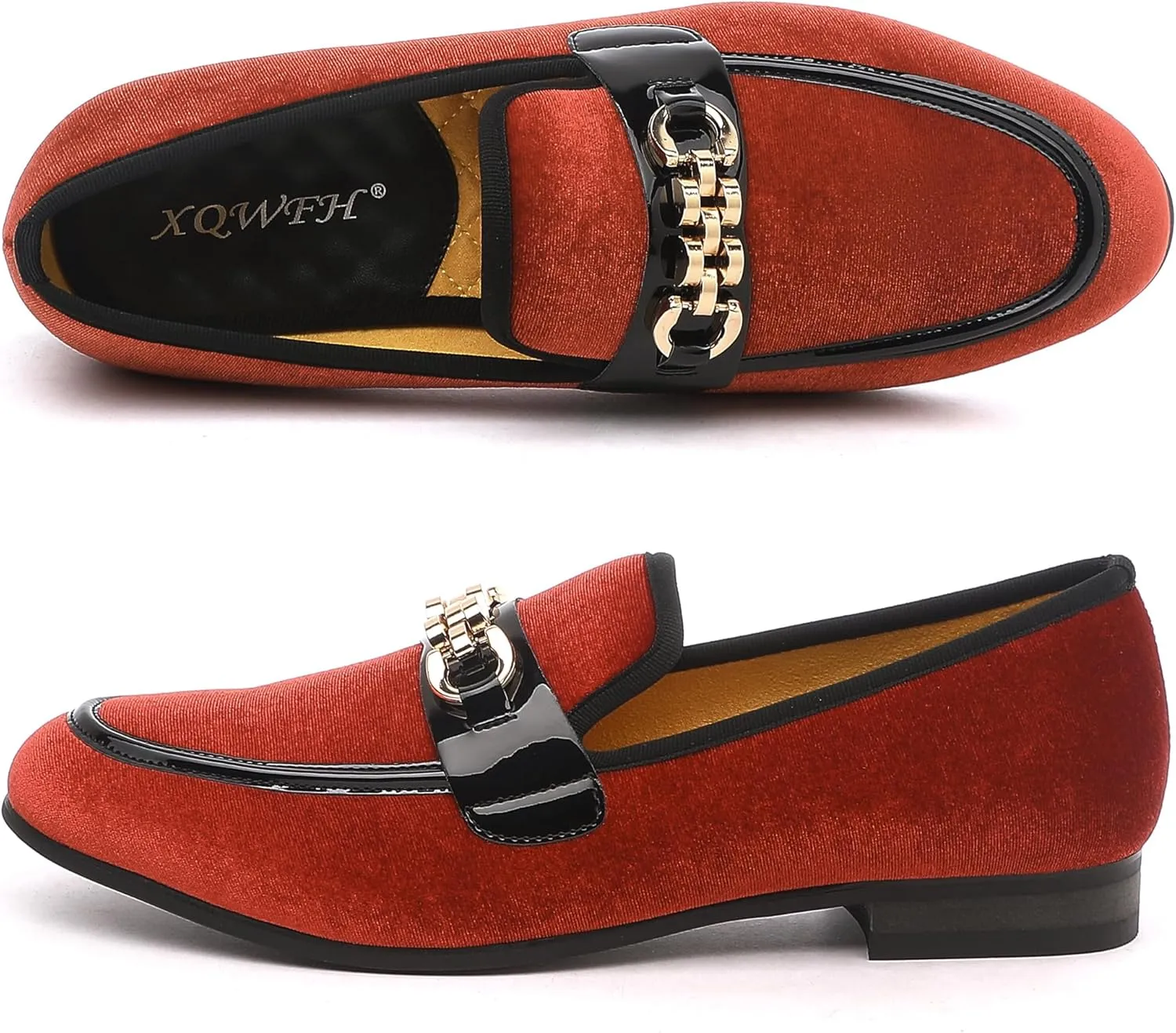 Men's Velvet Loafers,Mens Dress Shoes with Gold Chain, Slip On Flats Smoking Slippers Penny Shoes for Men