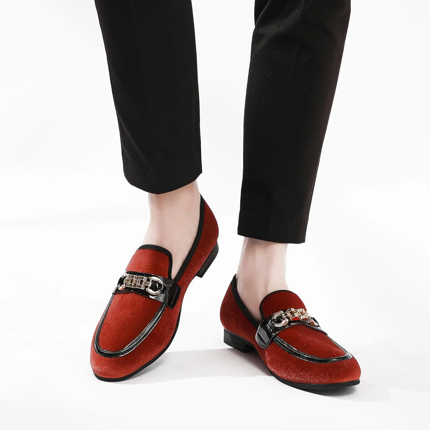 Men's Velvet Loafers,Mens Dress Shoes with Gold Chain, Slip On Flats Smoking Slippers Penny Shoes for Men