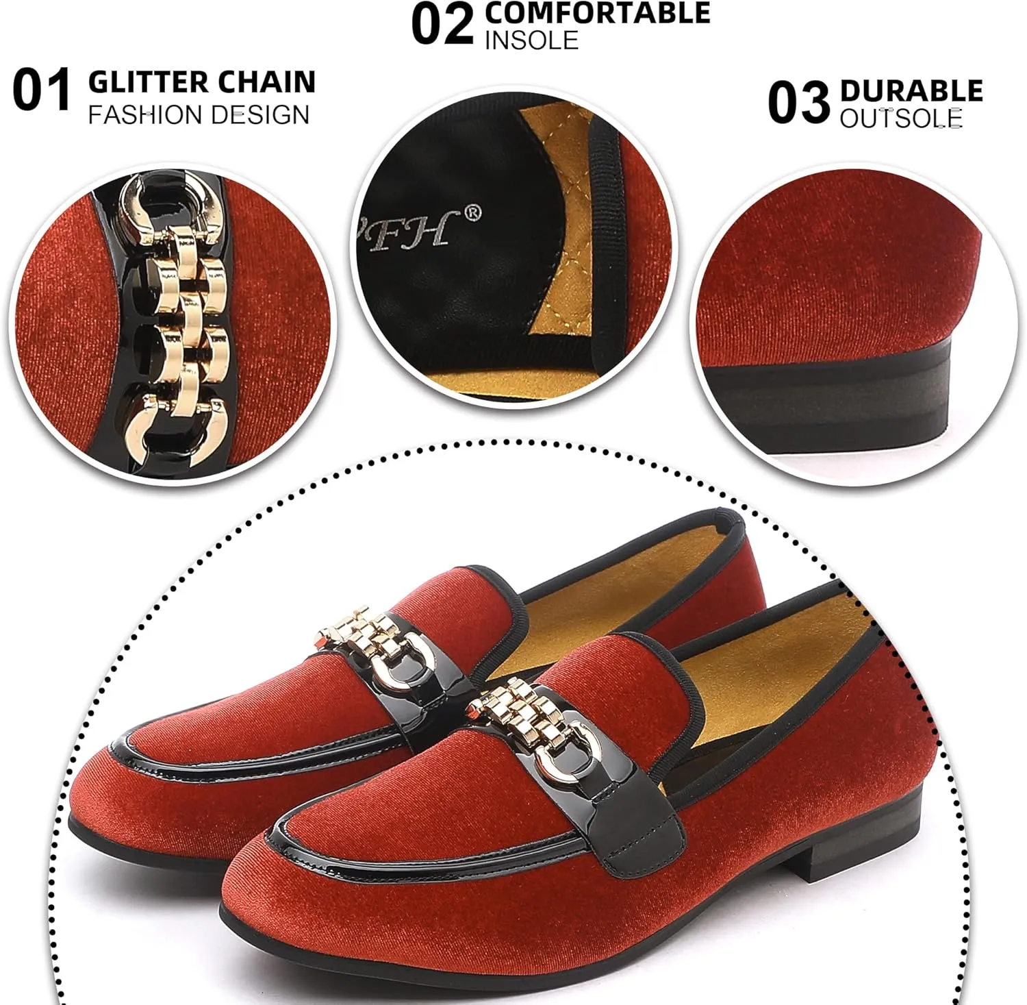 Men's Velvet Loafers,Mens Dress Shoes with Gold Chain, Slip On Flats Smoking Slippers Penny Shoes for Men