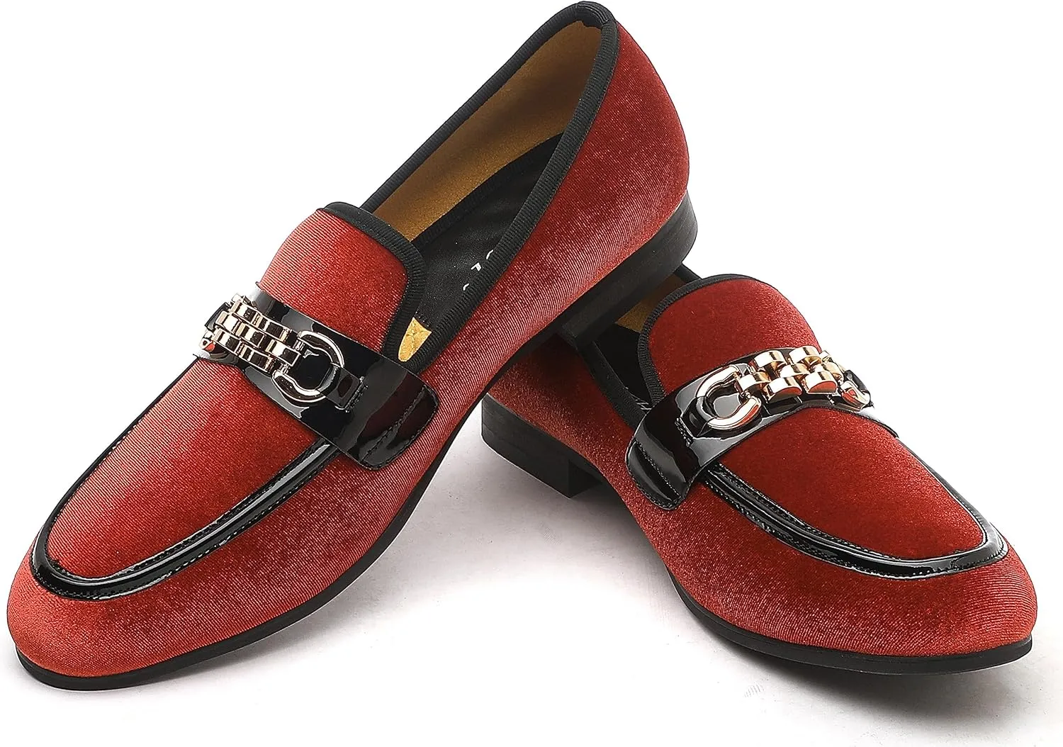 Men's Velvet Loafers,Mens Dress Shoes with Gold Chain, Slip On Flats Smoking Slippers Penny Shoes for Men