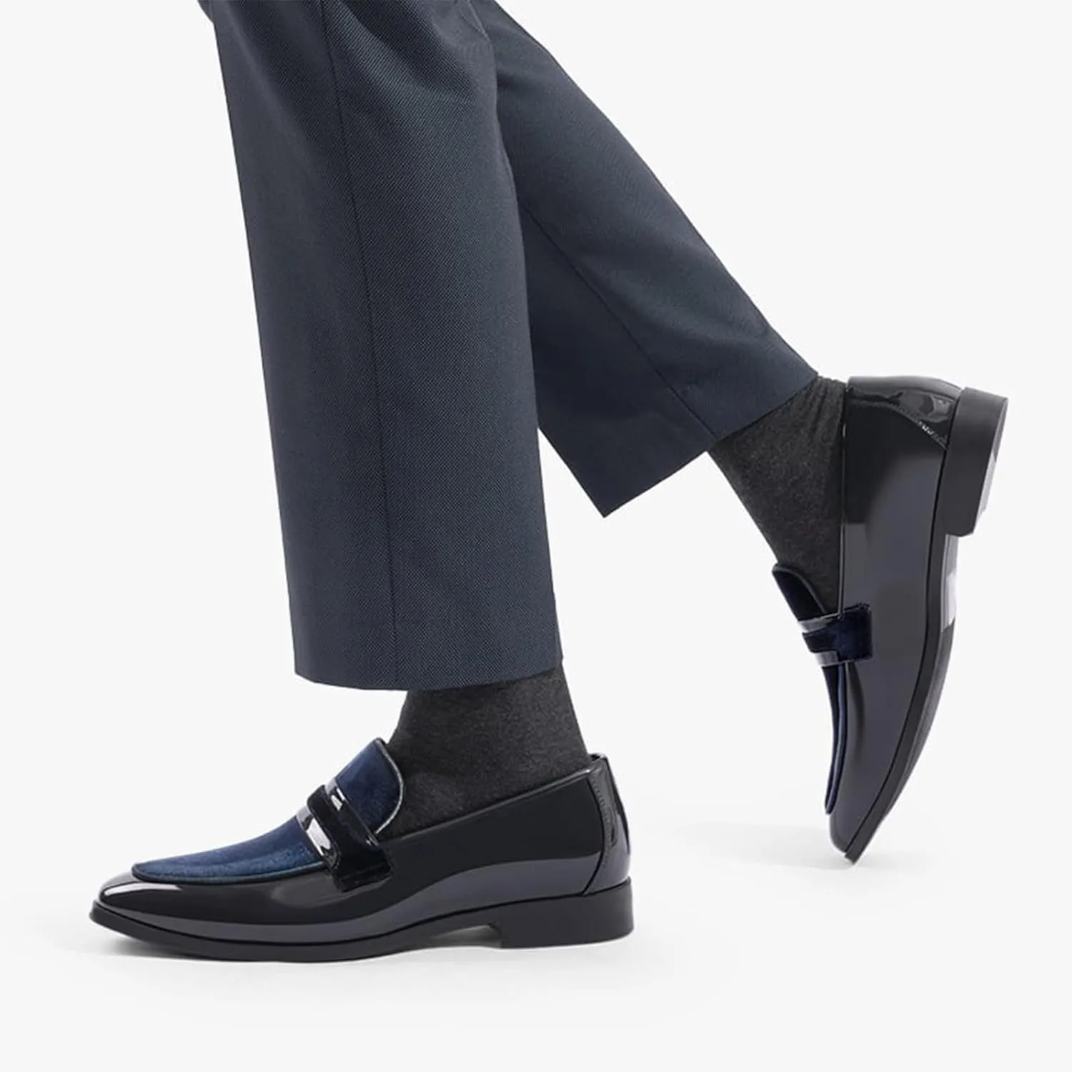 Mens Velvet Patent Leather Chunky Heel Dress Loafers Classic Square Toe Flat Non-Slip One-Step Business and Party Penny Tuxedo Shoes Wedding Work Shoes