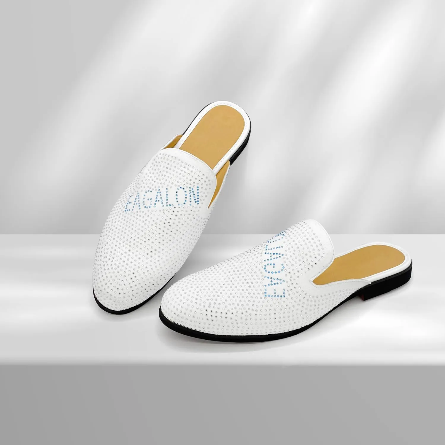 Mens Velvet Slip-On Mules Loafers Glitter Half Loafers Shoes Mens Backless Sandals Black White Size 7-13