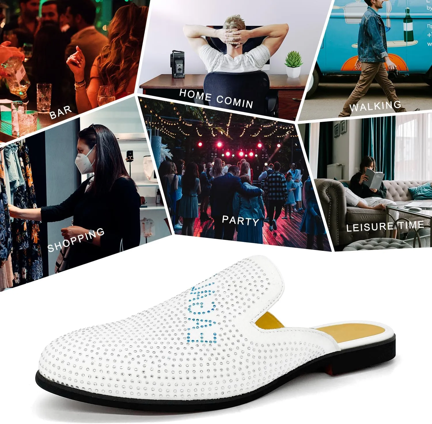 Mens Velvet Slip-On Mules Loafers Glitter Half Loafers Shoes Mens Backless Sandals Black White Size 7-13