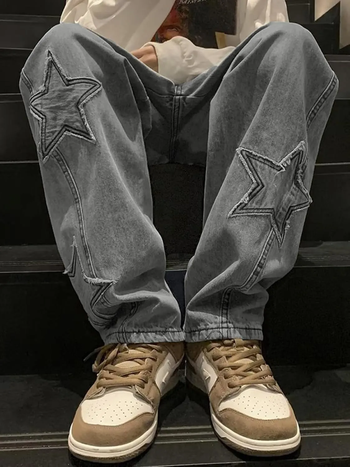 Mens Y2k Star Jeans High Waisted Hip Hop Streetwear Jeans Loose Baggy Embroidery Aesthetic Harajuku Denim Pants