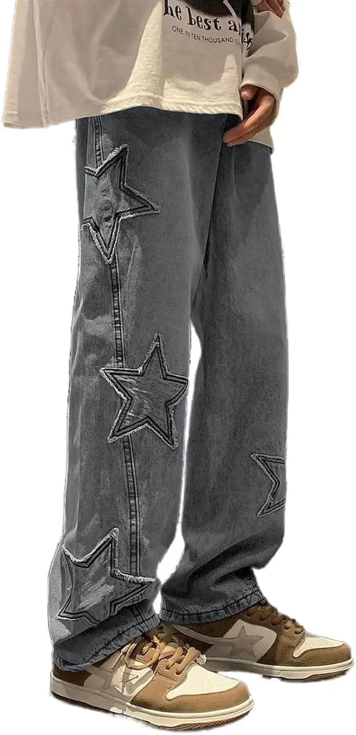Mens Y2k Star Jeans High Waisted Hip Hop Streetwear Jeans Loose Baggy Embroidery Aesthetic Harajuku Denim Pants