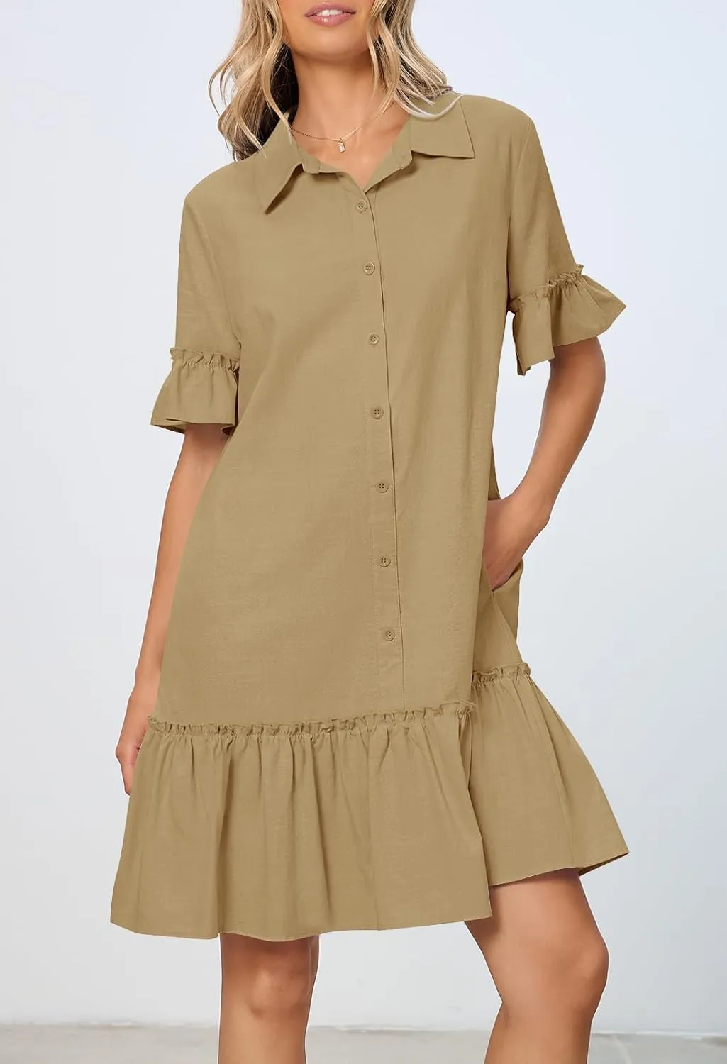 MEROKEETY Women's Summer Button Down Shirt Dress Casual Ruffle Sleeve Shift Mini Dresses with Pockets