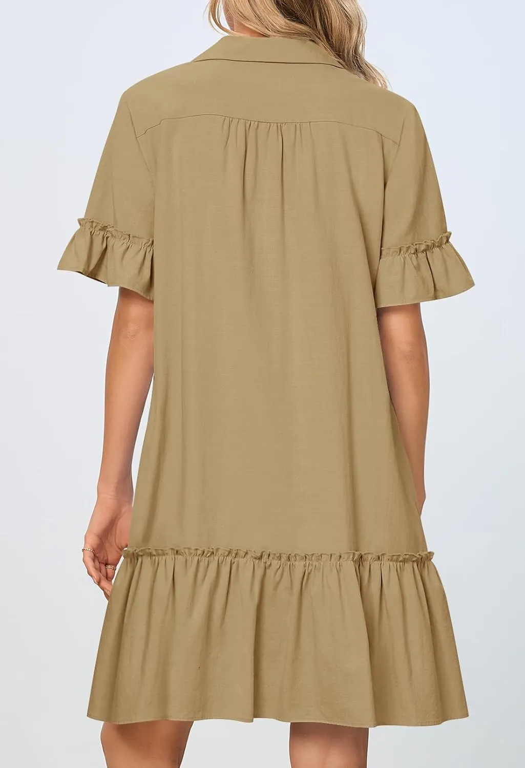 MEROKEETY Women's Summer Button Down Shirt Dress Casual Ruffle Sleeve Shift Mini Dresses with Pockets