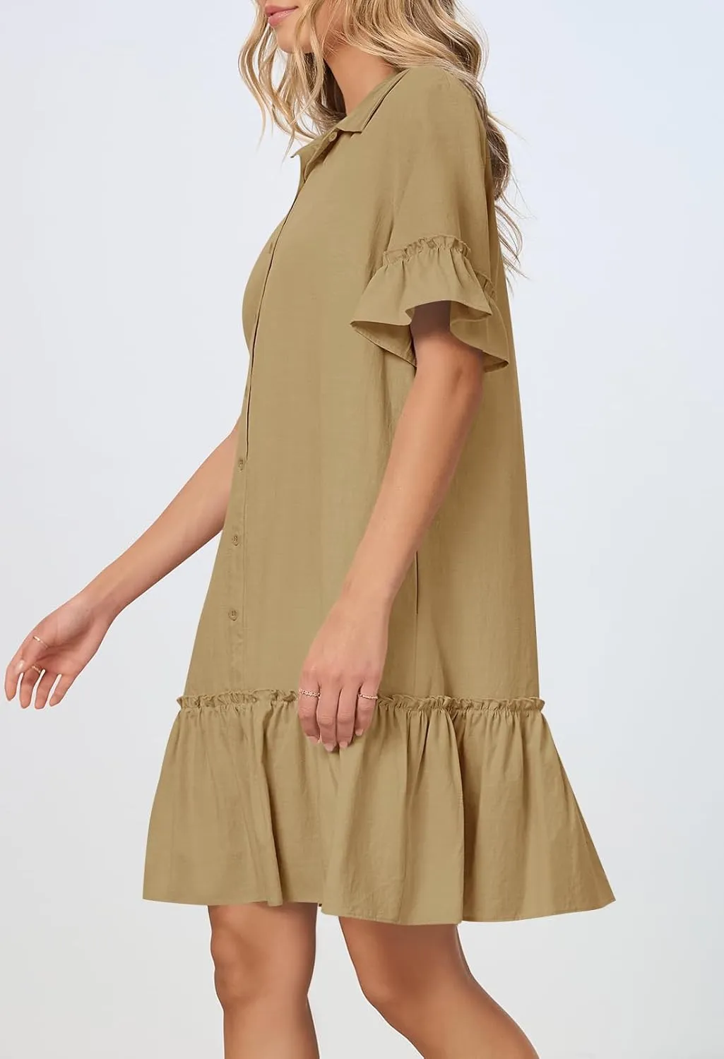 MEROKEETY Women's Summer Button Down Shirt Dress Casual Ruffle Sleeve Shift Mini Dresses with Pockets
