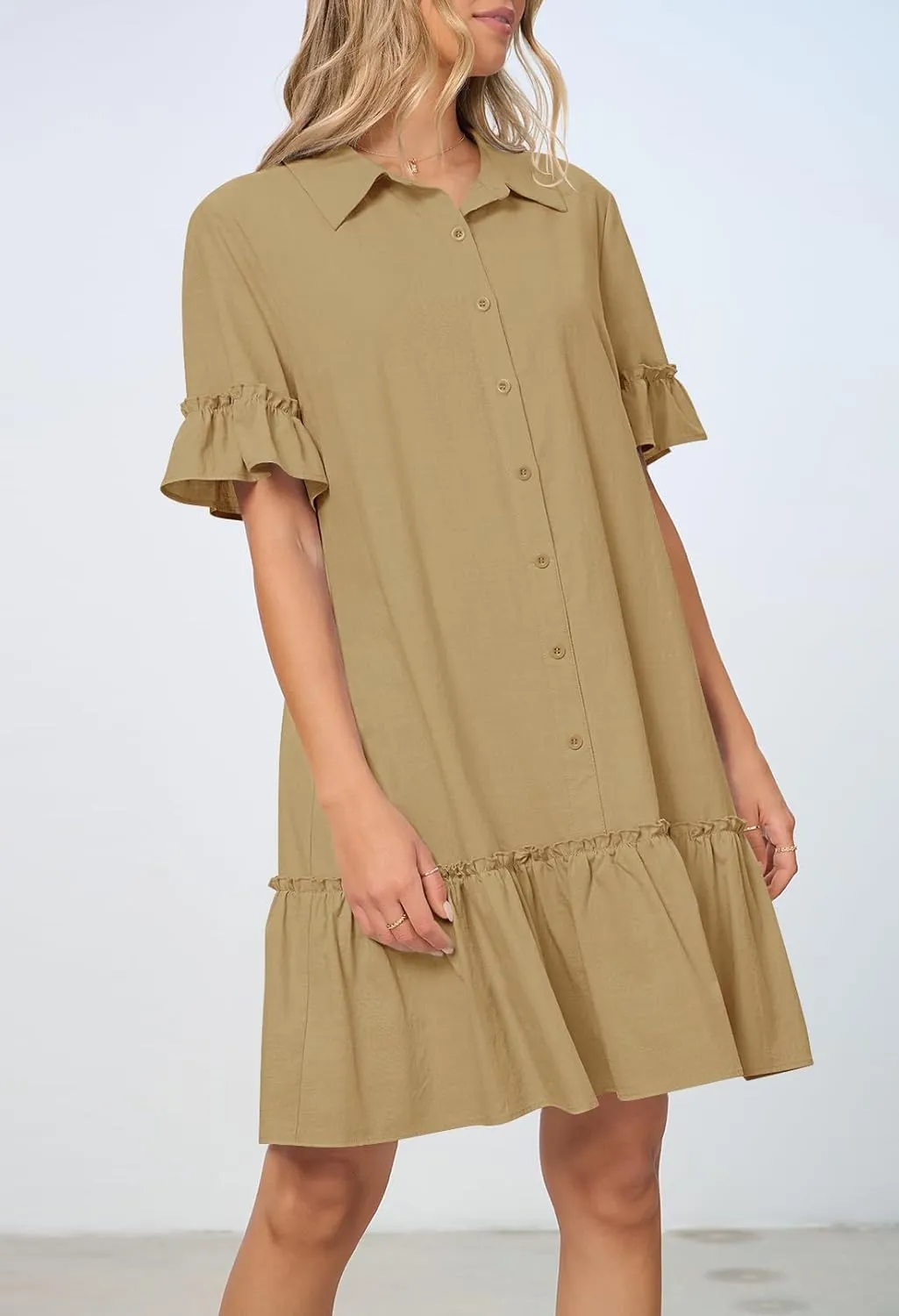 MEROKEETY Women's Summer Button Down Shirt Dress Casual Ruffle Sleeve Shift Mini Dresses with Pockets