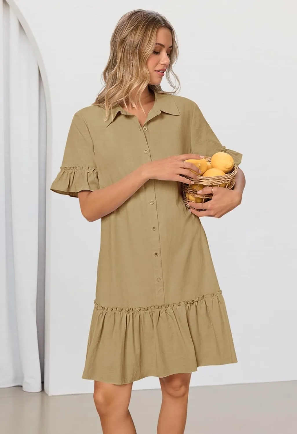 MEROKEETY Women's Summer Button Down Shirt Dress Casual Ruffle Sleeve Shift Mini Dresses with Pockets