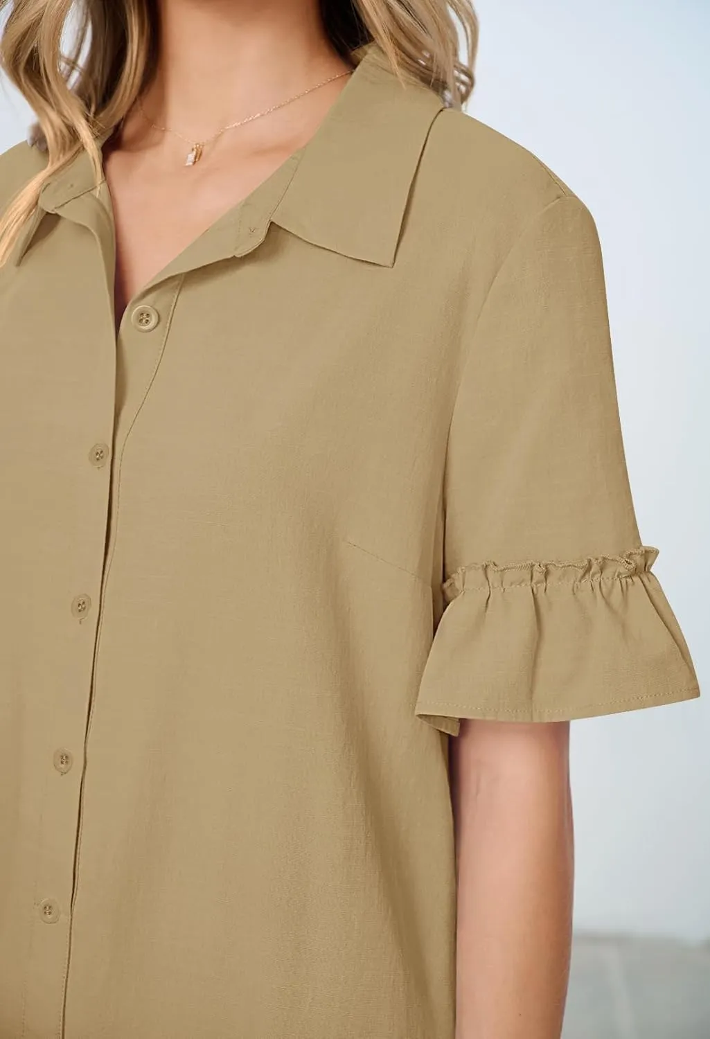 MEROKEETY Women's Summer Button Down Shirt Dress Casual Ruffle Sleeve Shift Mini Dresses with Pockets