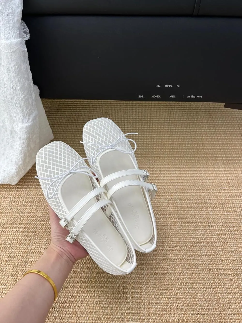 Mesh Mary Jane Flats for Women Mesh Ballet Flats Clear Hollow Sandals Slip on House Slippers Bow Ballerina Shoes Double Straps Lightweight Square Toes Breathable Comfort Beach Slides Outdoor Indoor
