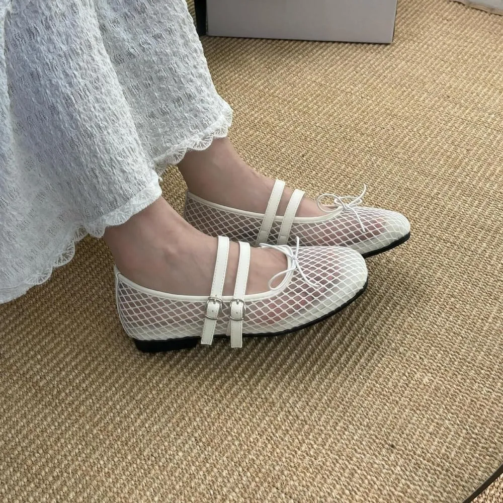 Mesh Mary Jane Flats for Women Mesh Ballet Flats Clear Hollow Sandals Slip on House Slippers Bow Ballerina Shoes Double Straps Lightweight Square Toes Breathable Comfort Beach Slides Outdoor Indoor
