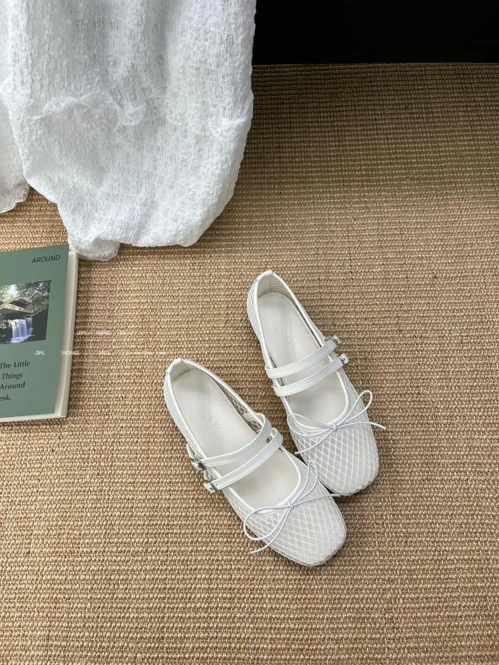 Mesh Mary Jane Flats for Women Mesh Ballet Flats Clear Hollow Sandals Slip on House Slippers Bow Ballerina Shoes Double Straps Lightweight Square Toes Breathable Comfort Beach Slides Outdoor Indoor