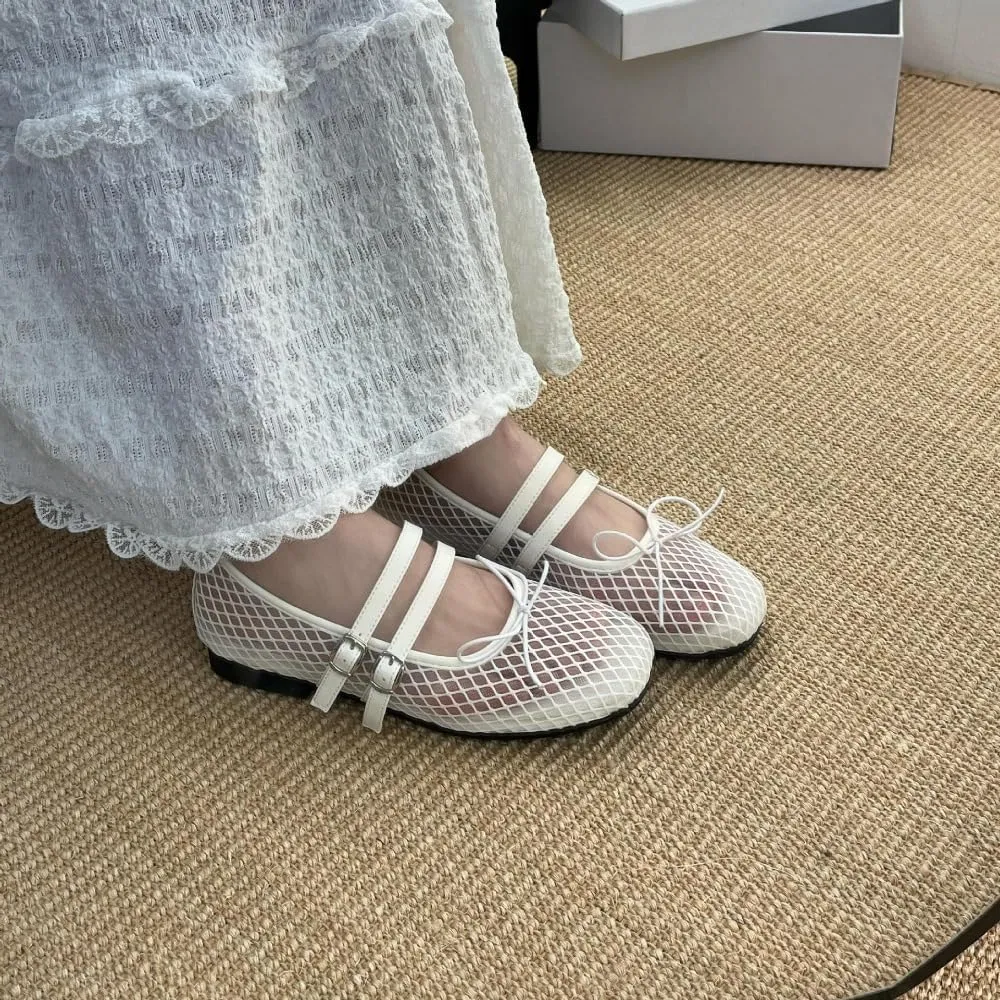 Mesh Mary Jane Flats for Women Mesh Ballet Flats Clear Hollow Sandals Slip on House Slippers Bow Ballerina Shoes Double Straps Lightweight Square Toes Breathable Comfort Beach Slides Outdoor Indoor