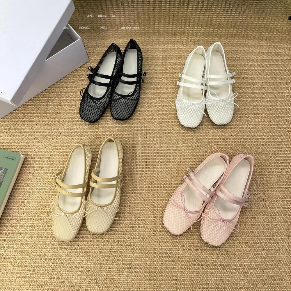 Mesh Mary Jane Flats for Women Mesh Ballet Flats Clear Hollow Sandals Slip on House Slippers Bow Ballerina Shoes Double Straps Lightweight Square Toes Breathable Comfort Beach Slides Outdoor Indoor