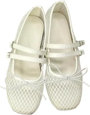 Mesh Mary Jane Flats for Women Mesh Ballet Flats Clear Hollow Sandals Slip on House Slippers Bow Ballerina Shoes Double Straps Lightweight Square Toes Breathable Comfort Beach Slides Outdoor Indoor