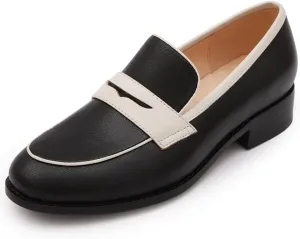 Mona flying Women's Comfort Leather Round Toe Penny Loafers Dress Casual Slip On Flats Ladies Office Work Shoes