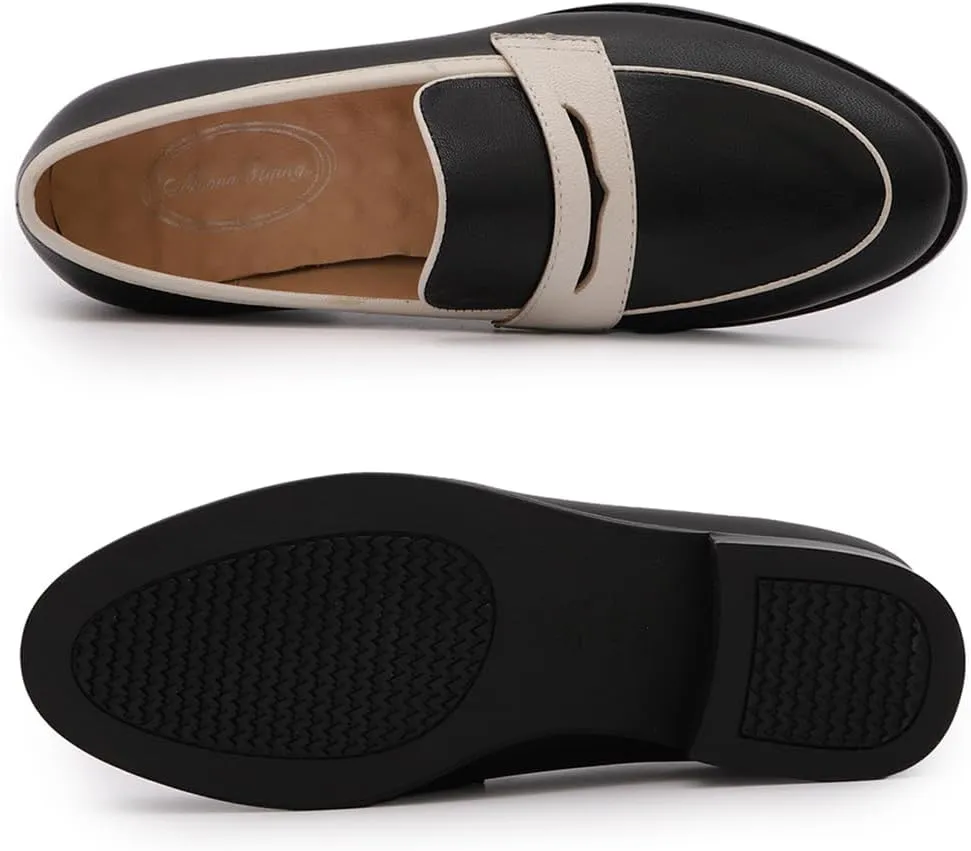 Mona flying Women's Comfort Leather Round Toe Penny Loafers Dress Casual Slip On Flats Ladies Office Work Shoes