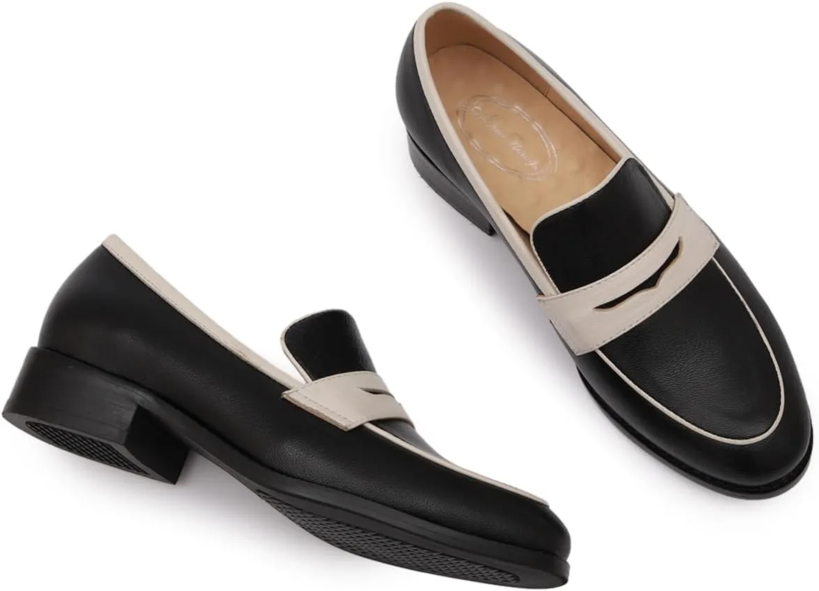 Mona flying Women's Comfort Leather Round Toe Penny Loafers Dress Casual Slip On Flats Ladies Office Work Shoes