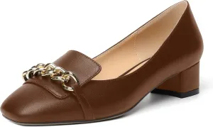 MOVINSTEPS Womens Matte Dating Dress Loafers Square Toe Metal Slip On Chunky Low Heel Pumps Shoes 1.5 Inch