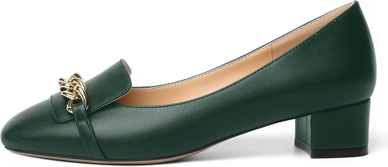 MOVINSTEPS Womens Matte Dating Dress Loafers Square Toe Metal Slip On Chunky Low Heel Pumps Shoes 1.5 Inch