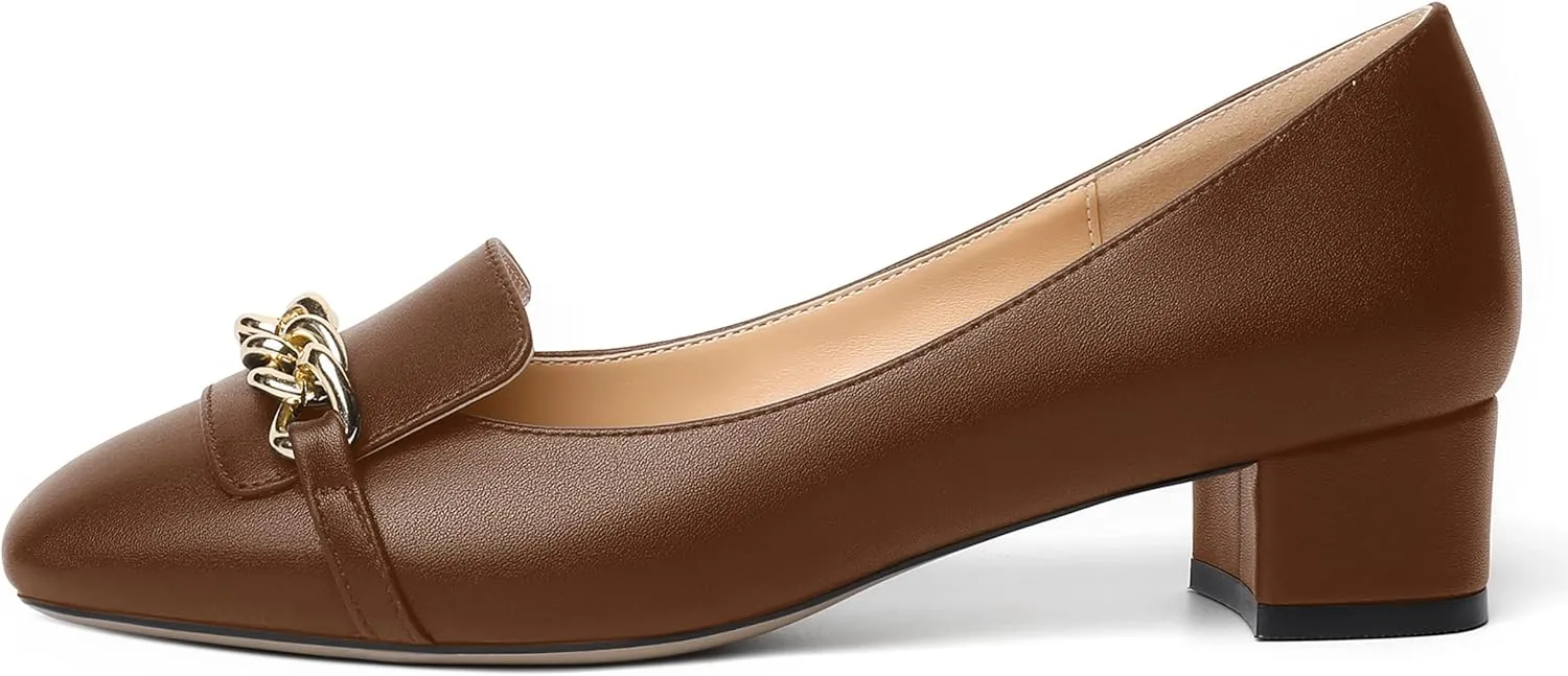MOVINSTEPS Womens Matte Dating Dress Loafers Square Toe Metal Slip On Chunky Low Heel Pumps Shoes 1.5 Inch