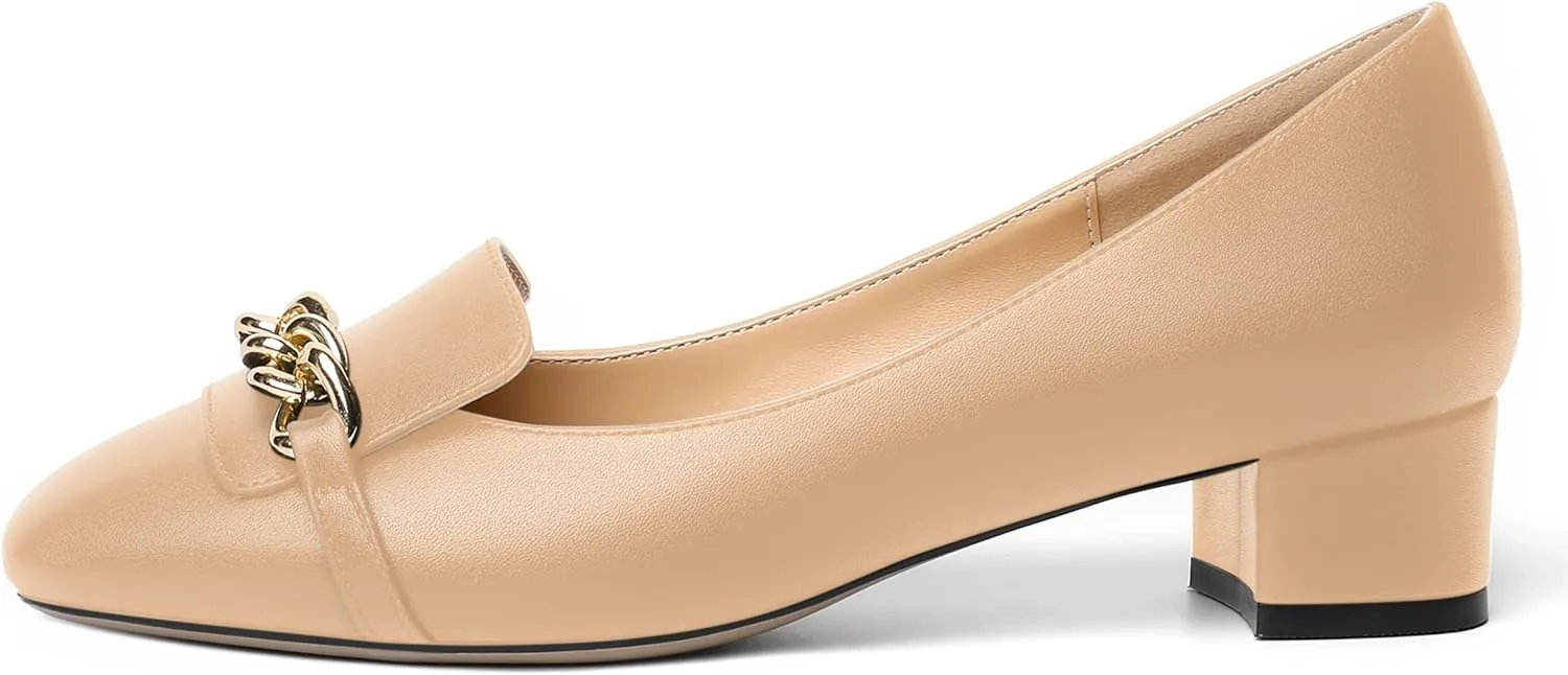MOVINSTEPS Womens Matte Dating Dress Loafers Square Toe Metal Slip On Chunky Low Heel Pumps Shoes 1.5 Inch