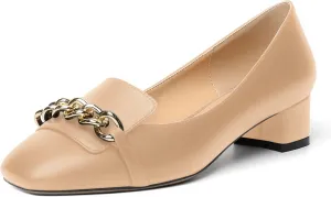 MOVINSTEPS Womens Matte Dating Dress Loafers Square Toe Metal Slip On Chunky Low Heel Pumps Shoes 1.5 Inch