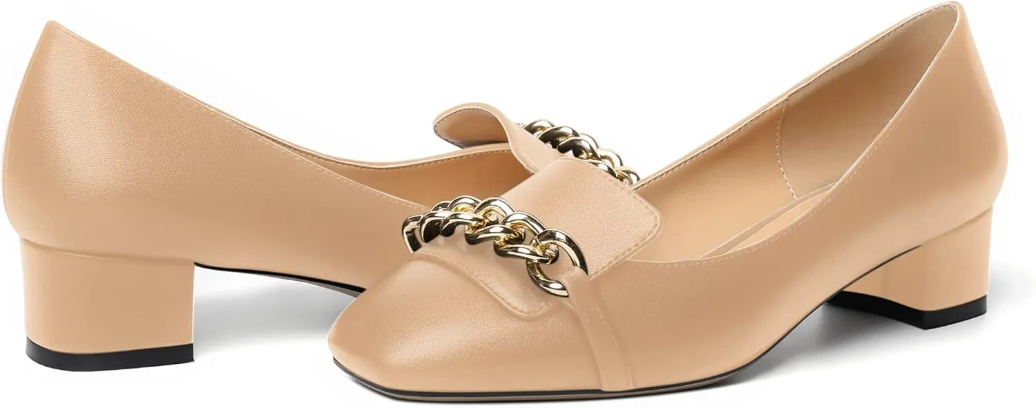 MOVINSTEPS Womens Matte Dating Dress Loafers Square Toe Metal Slip On Chunky Low Heel Pumps Shoes 1.5 Inch