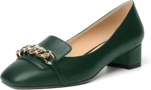 MOVINSTEPS Womens Matte Dating Dress Loafers Square Toe Metal Slip On Chunky Low Heel Pumps Shoes 1.5 Inch