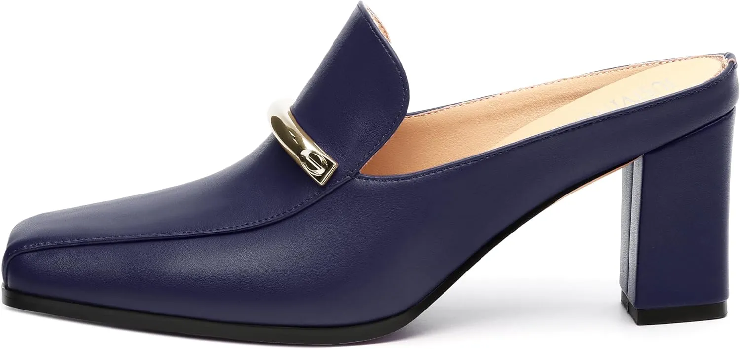 Mules High Heels for Women Loafers Shoes Chunky Heel Closed Square Toe Heeled Sandals Slip On Wedding Office Work Dressy Shoes 3 Inch