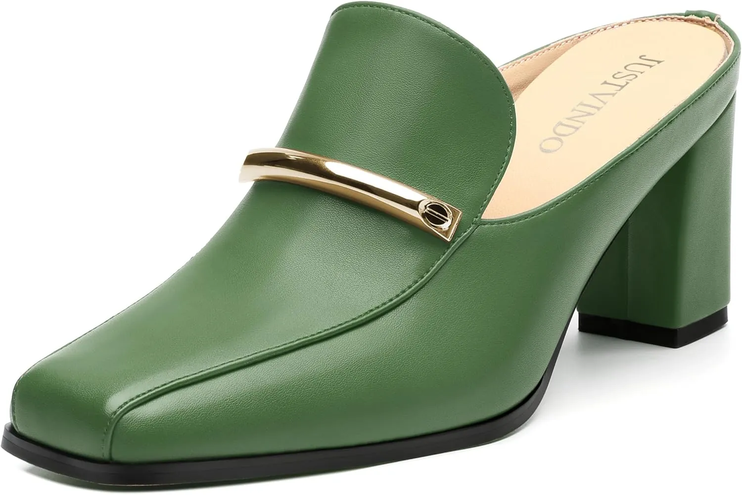 Mules High Heels for Women Loafers Shoes Chunky Heel Closed Square Toe Heeled Sandals Slip On Wedding Office Work Dressy Shoes 3 Inch