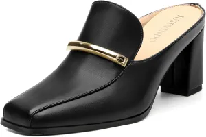 Mules High Heels for Women Loafers Shoes Chunky Heel Closed Square Toe Heeled Sandals Slip On Wedding Office Work Dressy Shoes 3 Inch