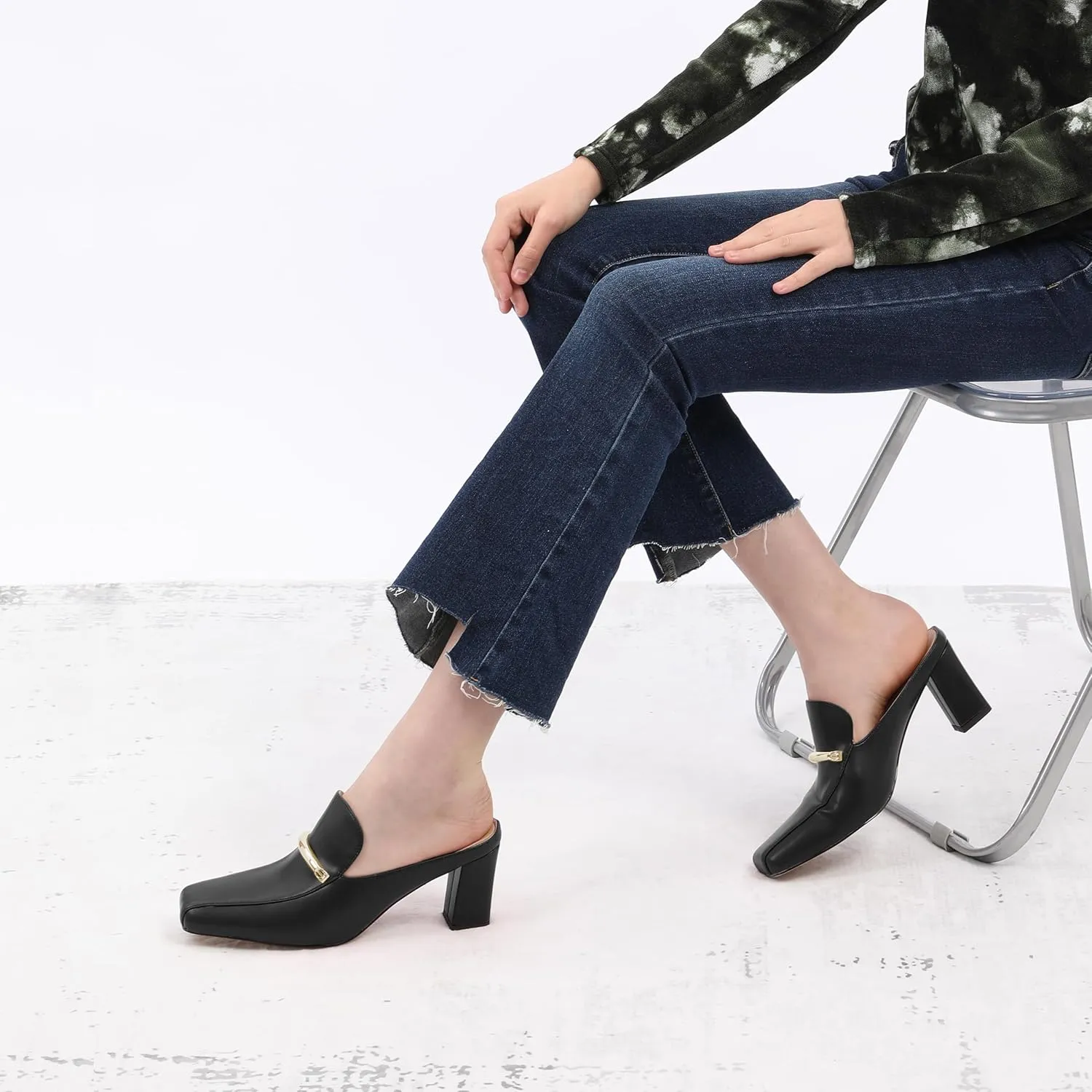 Mules High Heels for Women Loafers Shoes Chunky Heel Closed Square Toe Heeled Sandals Slip On Wedding Office Work Dressy Shoes 3 Inch