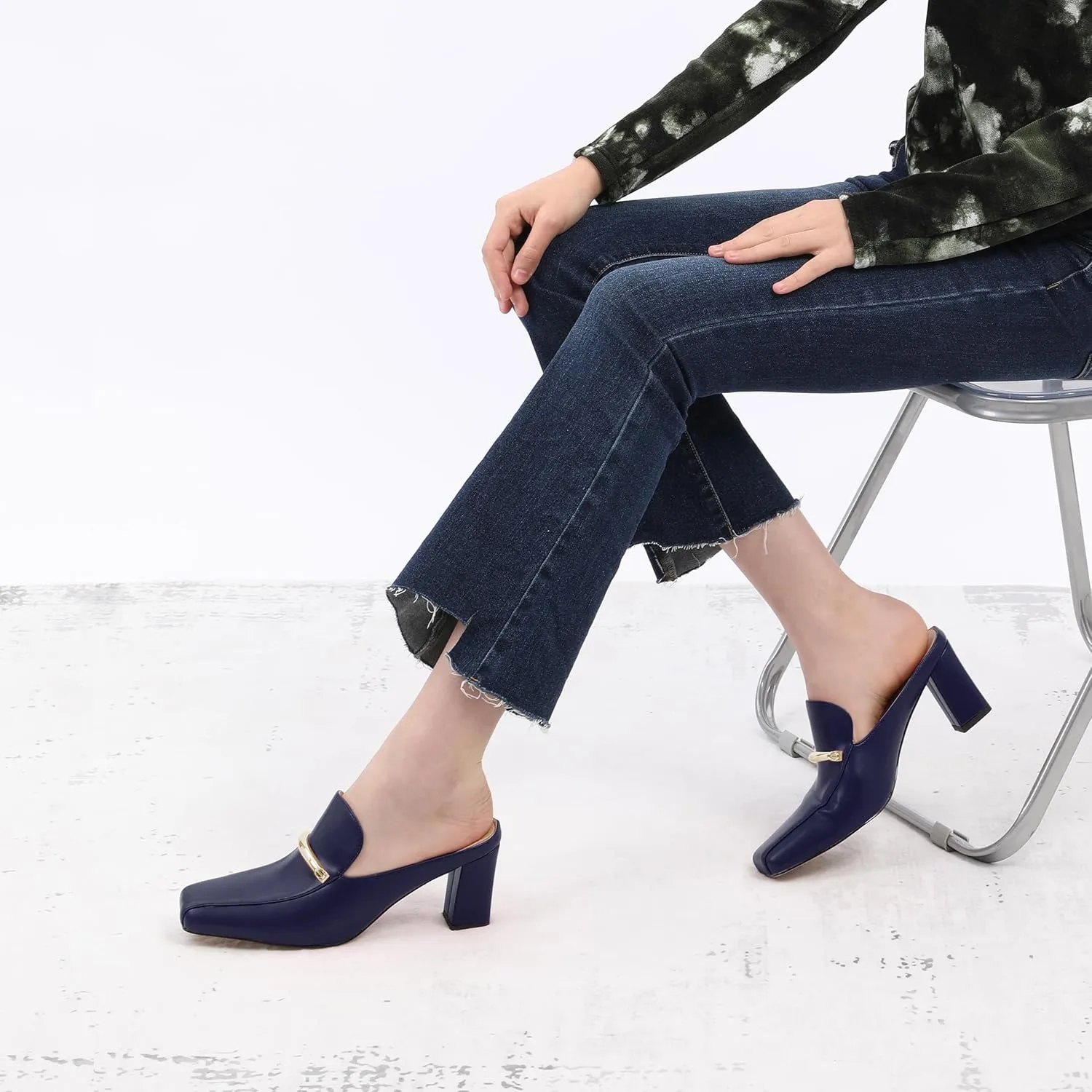 Mules High Heels for Women Loafers Shoes Chunky Heel Closed Square Toe Heeled Sandals Slip On Wedding Office Work Dressy Shoes 3 Inch