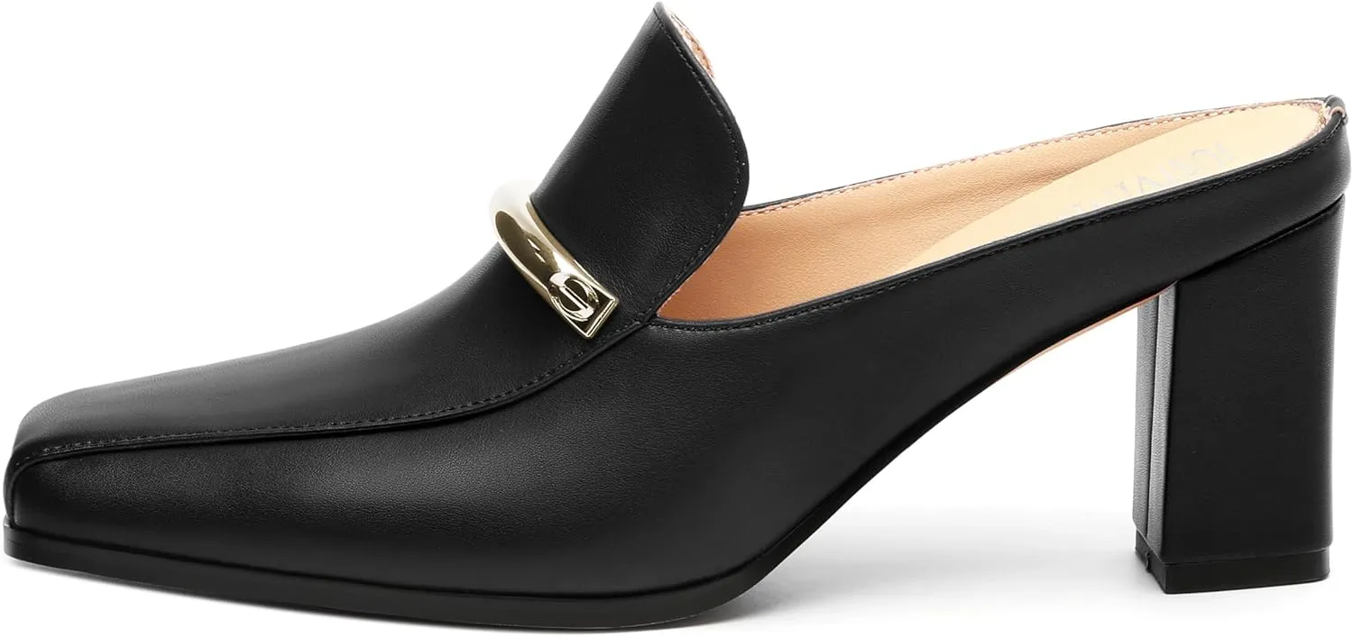 Mules High Heels for Women Loafers Shoes Chunky Heel Closed Square Toe Heeled Sandals Slip On Wedding Office Work Dressy Shoes 3 Inch