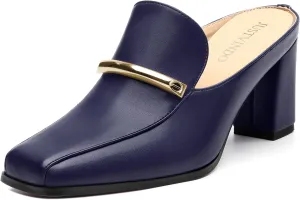 Mules High Heels for Women Loafers Shoes Chunky Heel Closed Square Toe Heeled Sandals Slip On Wedding Office Work Dressy Shoes 3 Inch