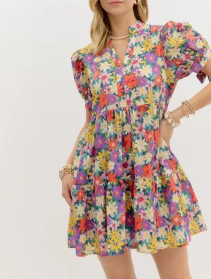 Multifloral Print Cuff Band Bow Tie Closure Short Sleeve Pullover Tiered Mini Dress