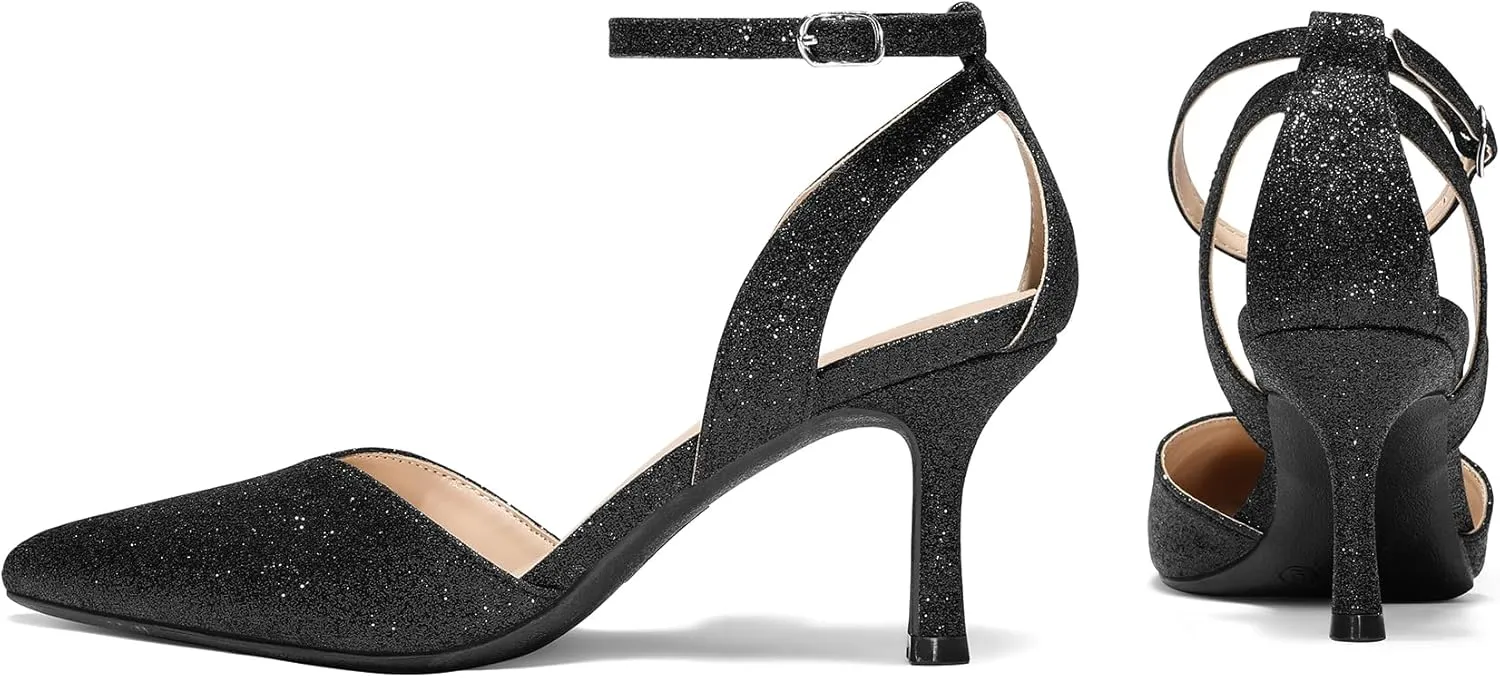 mysoft Women's Pumps Shoes Pointed Toe Kitten Low Heels Stiletto Ankle Strap Closed Toe Wedding Party Dress Sandals