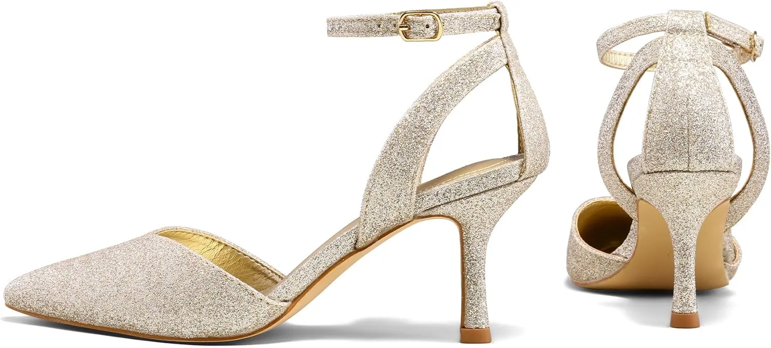 mysoft Women's Pumps Shoes Pointed Toe Kitten Low Heels Stiletto Ankle Strap Closed Toe Wedding Party Dress Sandals