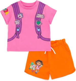 Nickelodeon Dora Girls Cosplay T-Shirt & French Terry Shorts Outfit Set Toddler to Little Kid Sizes (2T - 7-8)