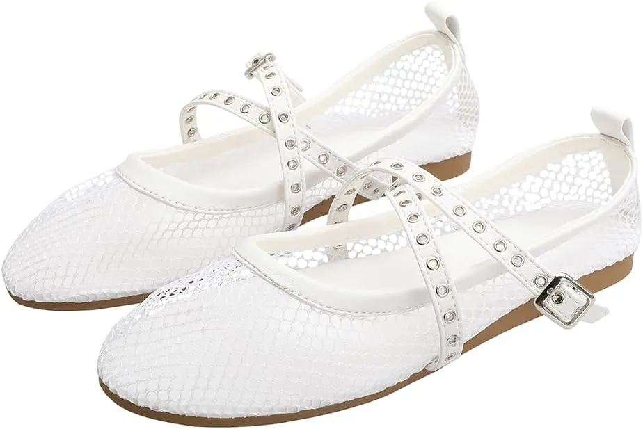 Orgonite Jelly Mesh Ballet Flats for Women, Hollowed Jelly Slip On Ballerina Shoes, Round Toe Fishnet Flats, Mary Jane Flats