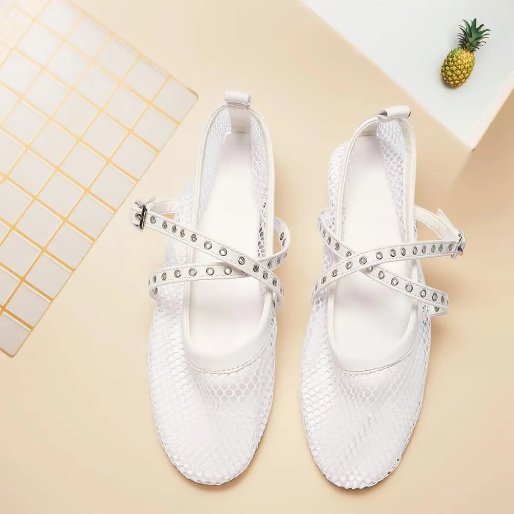 Orgonite Jelly Mesh Ballet Flats for Women, Hollowed Jelly Slip On Ballerina Shoes, Round Toe Fishnet Flats, Mary Jane Flats
