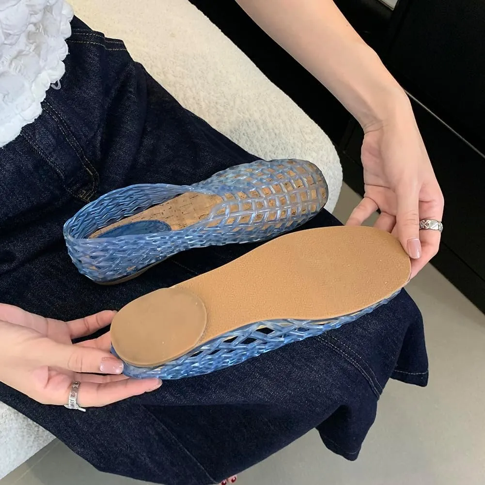 Orgonite Jelly Mesh Ballet Flats for Women, Hollowed Jelly Slip On Ballerina Shoes, Round Toe Fishnet Flats, Mary Jane Flats