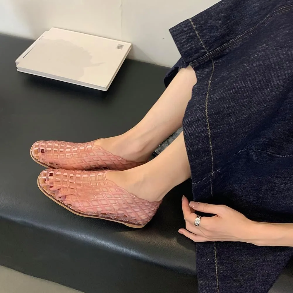 Orgonite Jelly Mesh Ballet Flats for Women, Hollowed Jelly Slip On Ballerina Shoes, Round Toe Fishnet Flats, Mary Jane Flats