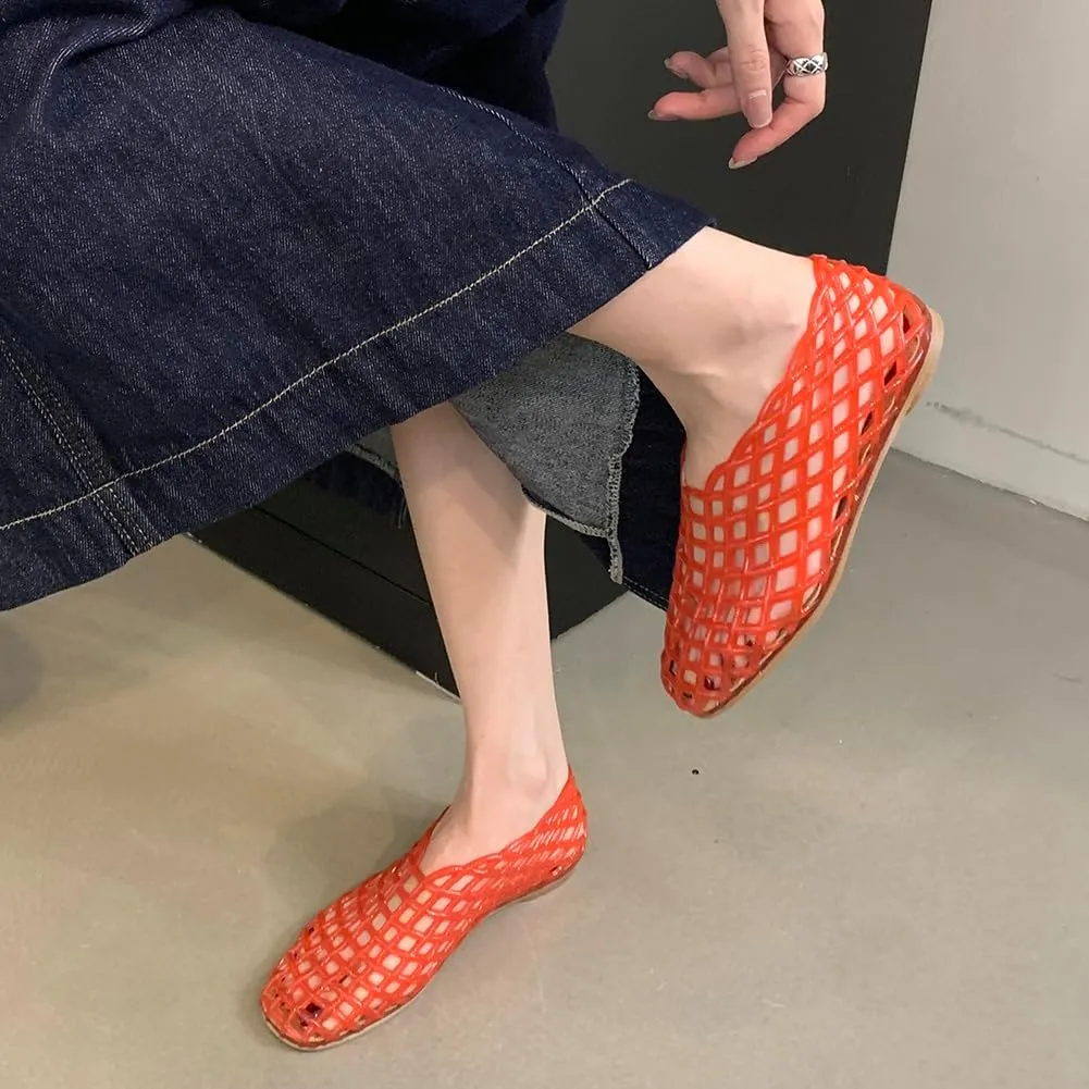 Orgonite Jelly Mesh Ballet Flats for Women, Hollowed Jelly Slip On Ballerina Shoes, Round Toe Fishnet Flats, Mary Jane Flats